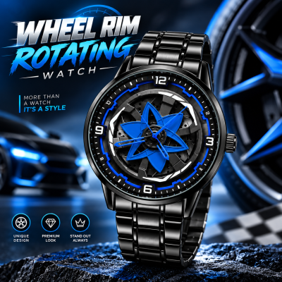360° Rotating Car Wheel Rim Quartz Watch – Matte Black Metal Sports Wristwatch, 3D Alloy Rim & Brake Disc Dial, Stainless Steel Strap & Scratch-Resistant Glass for Men